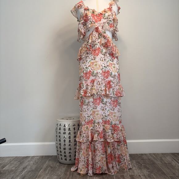 WAYF Floral Chiffon Ruffle Cutout Maxi Dress Romatic Tiered Pink Fairy Whimsy Sm - Picture 1 of 16